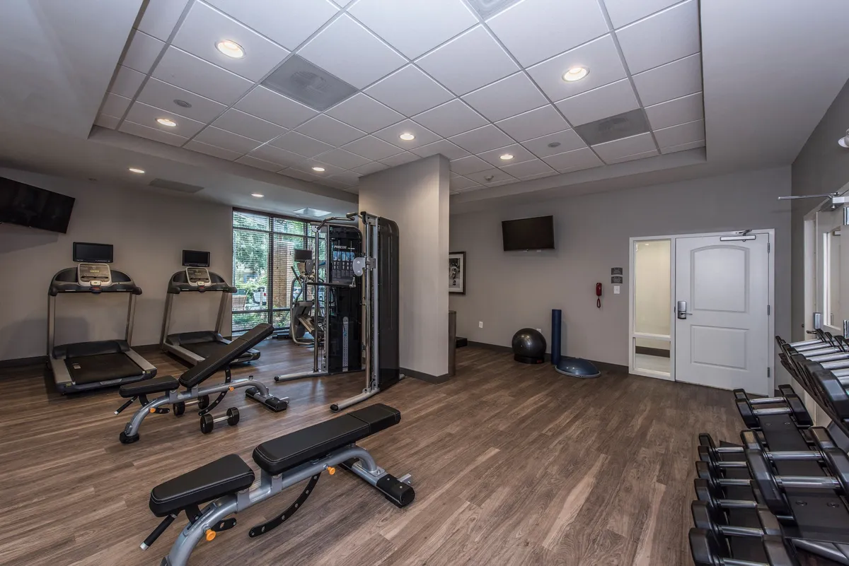 A well-equipped fitness center is shown here, featuring treadmills, a weight bench, multi-gym equipment, and an exercise ball. The space is designed to motivate guests in maintaining their fitness routines, reflecting a modern, health-focused atmosphere.